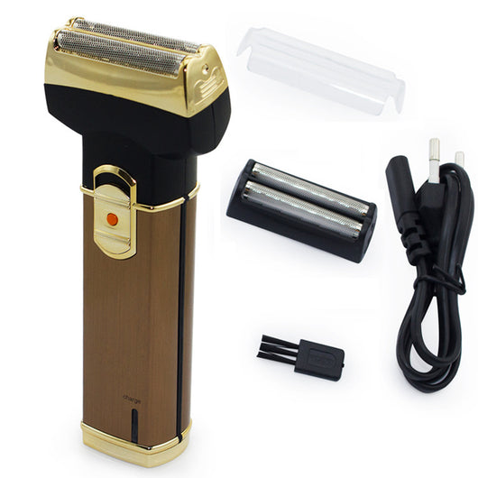 Gold and black rechargeable electric shaver with dual foil head, charging cable, cleaning brush, and clear cap. - Image 2