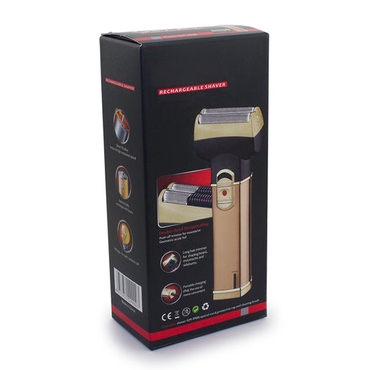 Gold and black rechargeable electric shaver with dual foil head, charging cable, cleaning brush, and clear cap. - Image 5