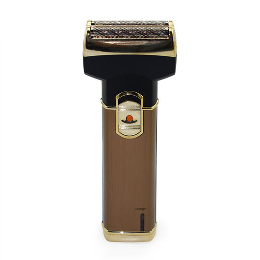 Gold and black rechargeable electric shaver with dual foil head, charging cable, cleaning brush, and clear cap. - Image 3