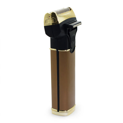Gold and black rechargeable electric shaver with dual foil head, charging cable, cleaning brush, and clear cap. - Image 4