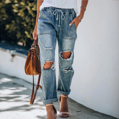 Pantalón Vaquero Blanco Rotos con Cordones