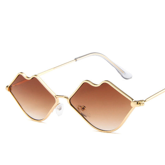 Retro red lips sunglasses with gold metal frames and brown gradient lenses on a white background. - Image 2