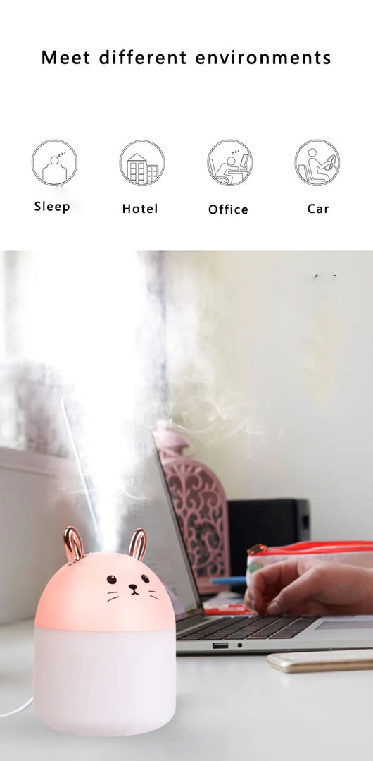Cute sky blue and white mini USB rabbit humidifier with gold ears, ideal for home or office aromatherapy. - Image 11