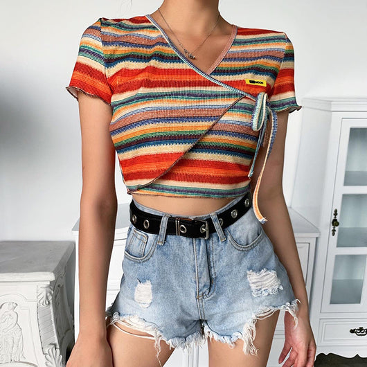 Camiseta Mujer Rayas Contraste con Amarre Frontal