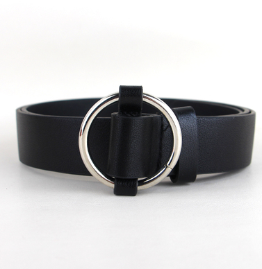 Black faux-leather women's belt with a shiny gold-tone round pin buckle, displayed on a white background. - Image 13