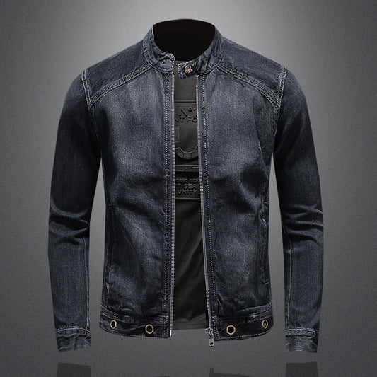 Chaqueta Denim Vintage Motociclista Azul Oscuro con Cuello de Pie y Cierre