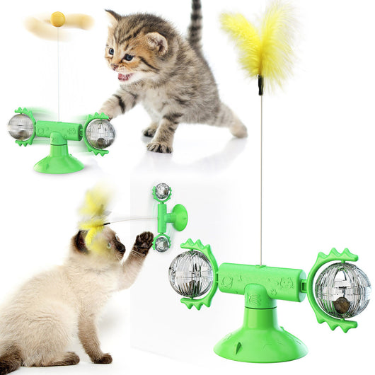 Yellow cat turntable windmill toy with a smiling face, spring, rotating arms, and a feather wand. Two kittens play with the toy.