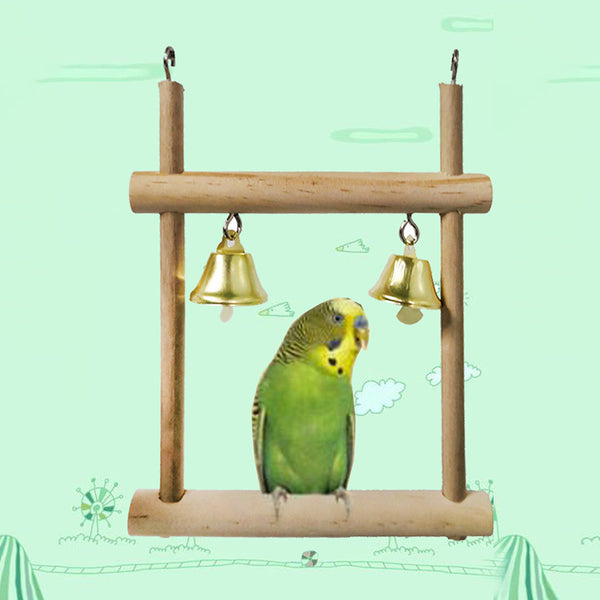 Natural solid wood bird stand with two golden bells, featuring a horizontal perch and two vertical supports.