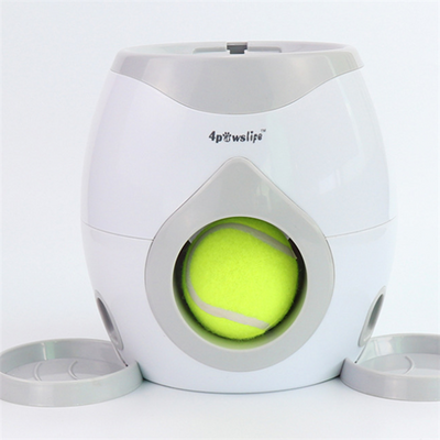 White and grey automatic tennis ball launcher for dogs, dispensing food, with a tennis ball and kibble bowl. - Image 4