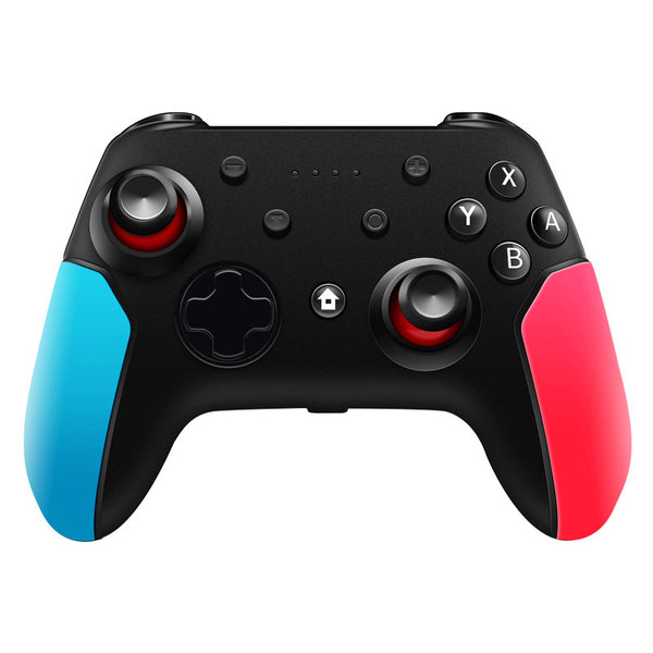 Black wireless gamepad with blue left grip and red right grip, featuring dual analog sticks and face buttons.
