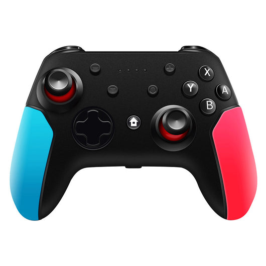 Black wireless gamepad with blue left grip and red right grip, featuring dual analog sticks and face buttons.