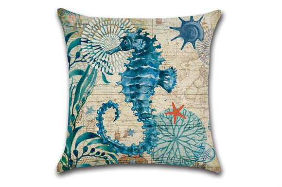 Almohada Decorativa Vida Marina: Tortuga, Caballito de Mar, Ballena y Pulpo