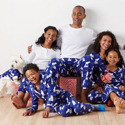 Blue and white polar bear print parent-child pajama set with long-sleeve tops and pants, plus a white t-shirt. - Image 3