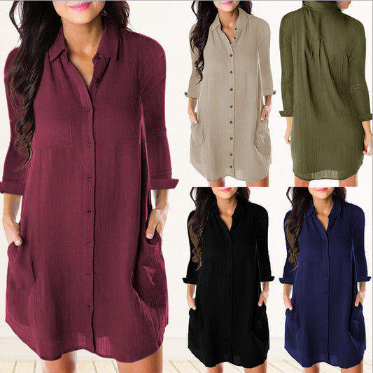 Vestido Camisero Holgado de Manga Larga con Bolsillos