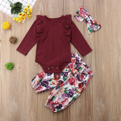 Conjunto 3 Piezas para Bebé Niña - Blusa Roja, Mono Floral y Diadema Otoño - Image 3