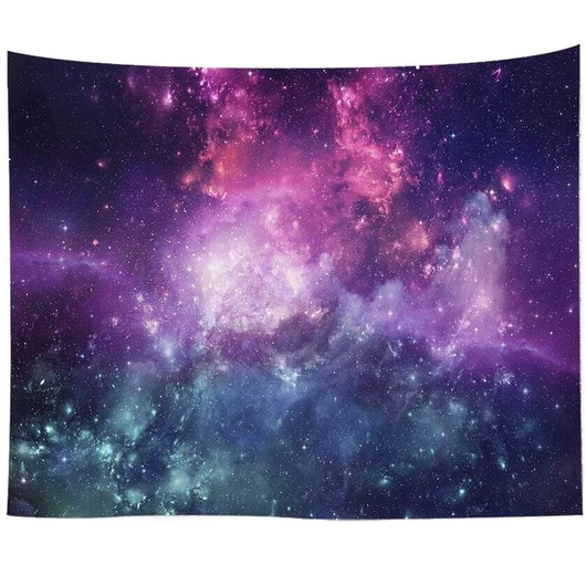 Blue Cosmos Tapestry with vibrant purple and blue galaxy print, hanging on a light gray wall above a white sofa. - Image 2