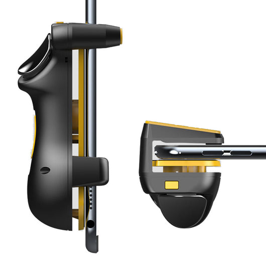 Black and yellow smartphone gamepad with a trigger button, shown from front and side views for mobile gaming. - Image 5