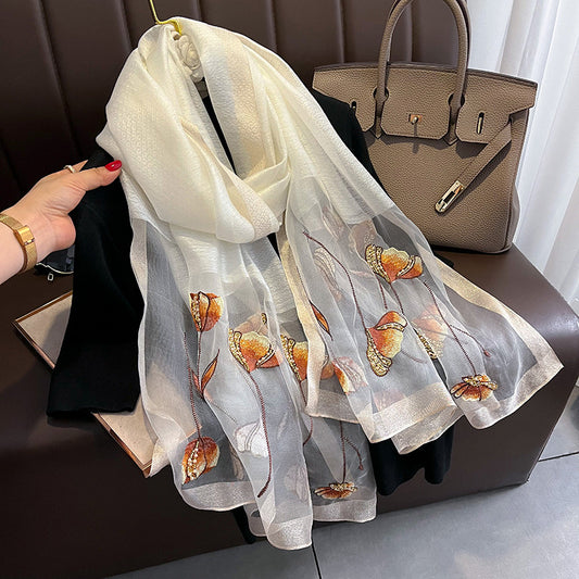 Bufanda de Seda Bordada Estilo Chino con Flores de Perla - Chal Cálido para Mujer
