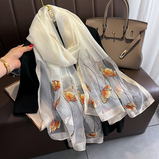 Bufanda de Seda Bordada Estilo Chino con Flores de Perla - Chal Cálido para Mujer