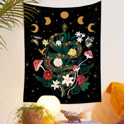 European retro mushroom tapestry with a starry night sky, crescent moon, butterflies, and various colorful fungi and plants. - Image 18
