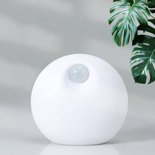 White spherical smart pet deodorizer with a sensor, designed for litter basins, shown against a light gray background with green leaves.