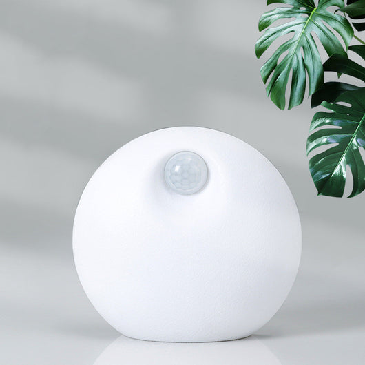 White spherical smart pet deodorizer with a sensor, designed for litter basins, shown against a light gray background with green leaves.
