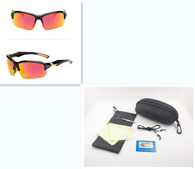 Black sports sunglasses with blue polarized lenses, shown from a front view and a three-quarter side view. - Image 27