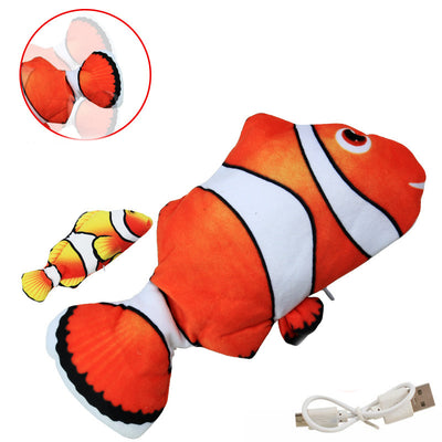 Realistic plush fish cat toy with yellow and brown scales, black fins, and a white USB charging cable. - Image 4