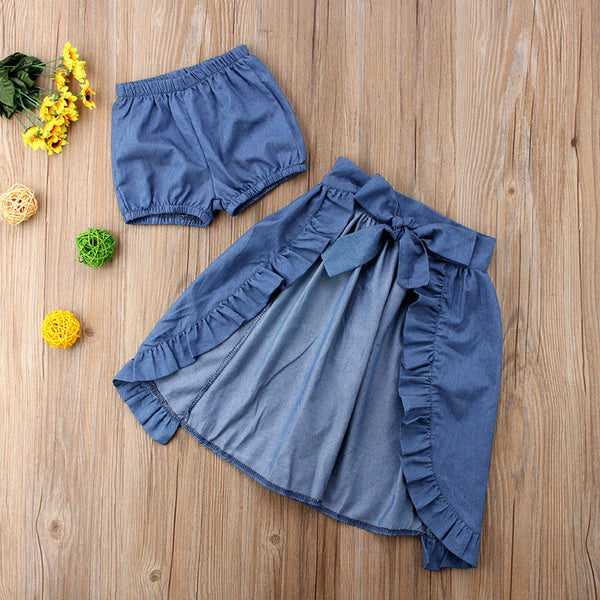 Conjunto de 3 Piezas: Top de Encaje, Falda Denim y Accesorio