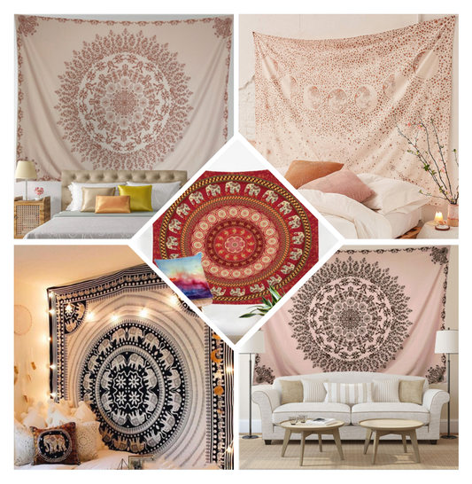 Beige tapestry with a large reddish-brown mandala pattern, hung above a bed in a bedroom.