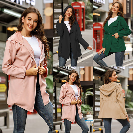 Abrigo Impermeable Tipo Trench Capucha Color Sólido