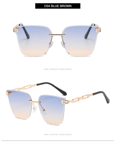 Frameless oversized square sunglasses with brown gradient lenses and gold-tone metal temples, featuring decorative black studs. - Image 16