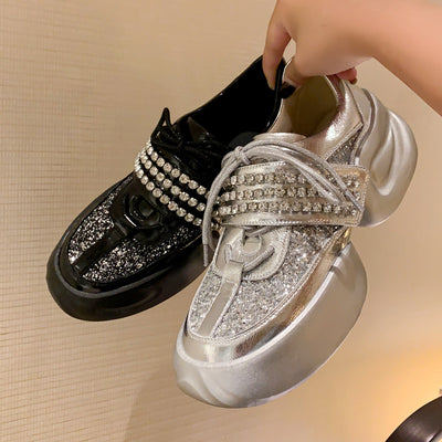 Zapatos Plataforma Papá con Tacón Medio y Cristales Brillantes