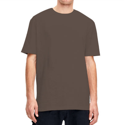 Plain light beige short-sleeved crew neck t-shirt made of cotton, shown on a model. - Image 28