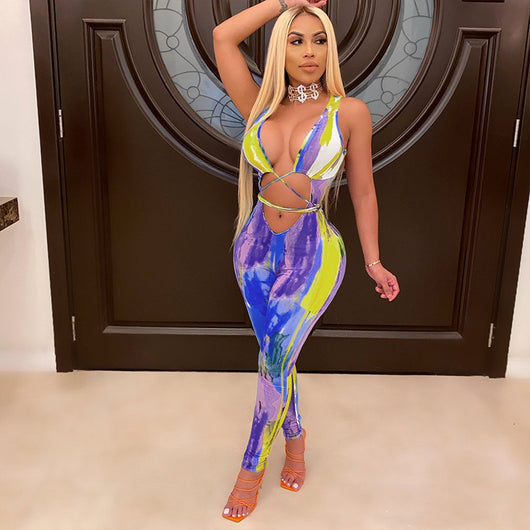 Jumpsuit Fresco de Seda Helada con Estampado y Bandas Refrescantes para Mujer