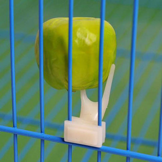 White plastic bird fruit fork clipped onto blue birdcage bars, designed to hold fruit or vegetables for pet birds. - Image 7