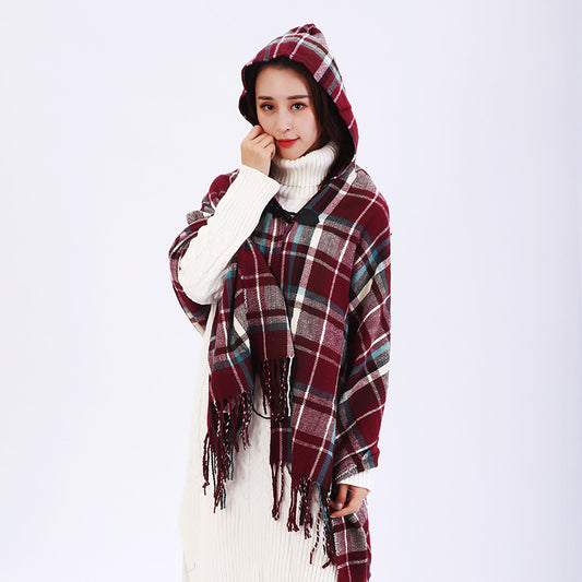 Poncho Capa Cashmere Cuadros Estilo Nacional con Capucha y Broche