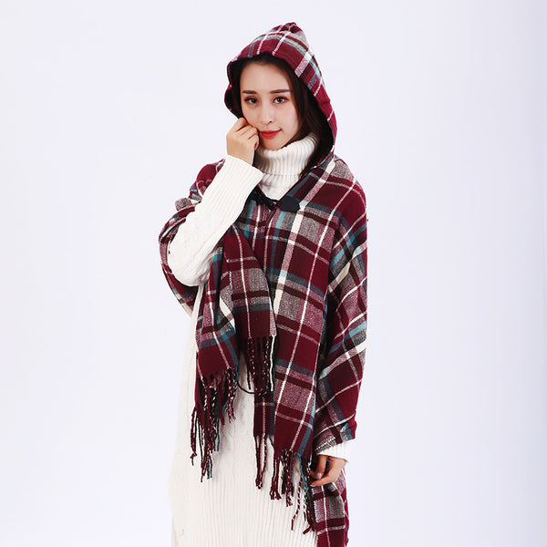 Poncho Capa Cashmere Cuadros Estilo Nacional con Capucha y Broche