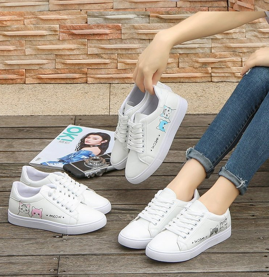 Zapatillas Deportivas Casual para Mujer con Diseño de Gatito - Blancas de PU