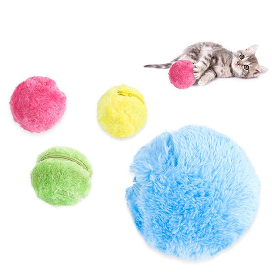 Four colorful plush electric rolling pet toy balls in pink, yellow, green, and blue, with a kitten playing with one. - Image 2