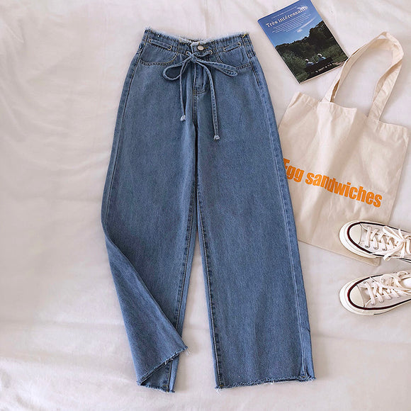 Jeans de Cintura Alta con Bordes Crudos y Cordones