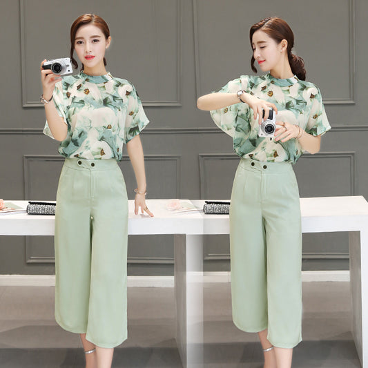 Conjunto de Verano Coreano: Blusa de Gasa Manga Corta y Pantalón Ancho - Image 2