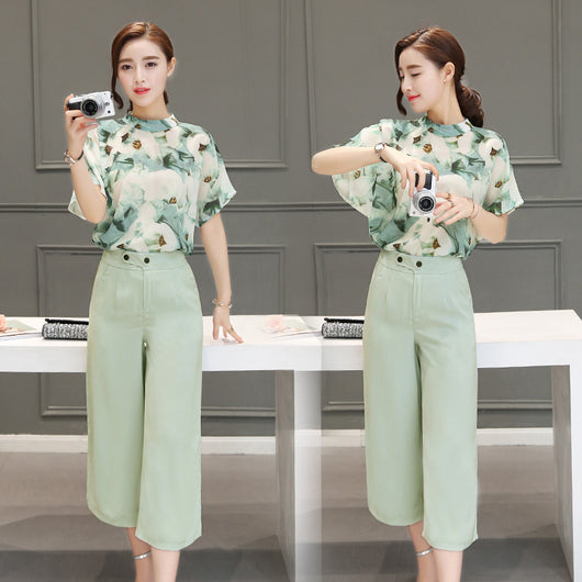 Conjunto de Verano Coreano: Blusa de Gasa Manga Corta y Pantalón Ancho - Image 2