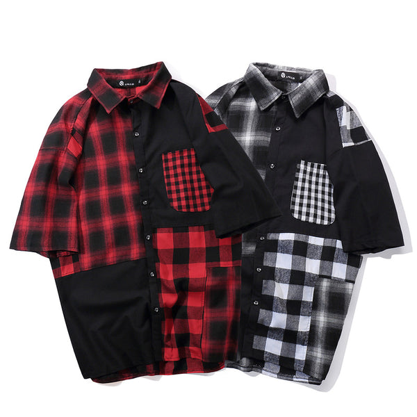 Camisa Retro Hip Hop a Cuadros con Parches de Calle