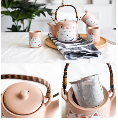 Juego de Té de Cerámica Gato de la Suerte Pintado a Mano - Tetera y 4 Tazas Negro - Image 3