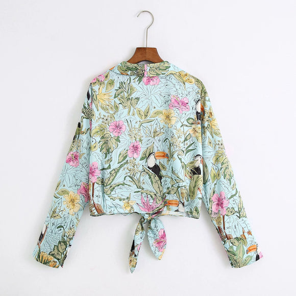 Camisa Manga Larga Estampado Floral con Lazo en V