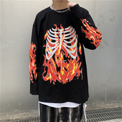 Remera Manga Larga Calavera en Llamas para Hombre