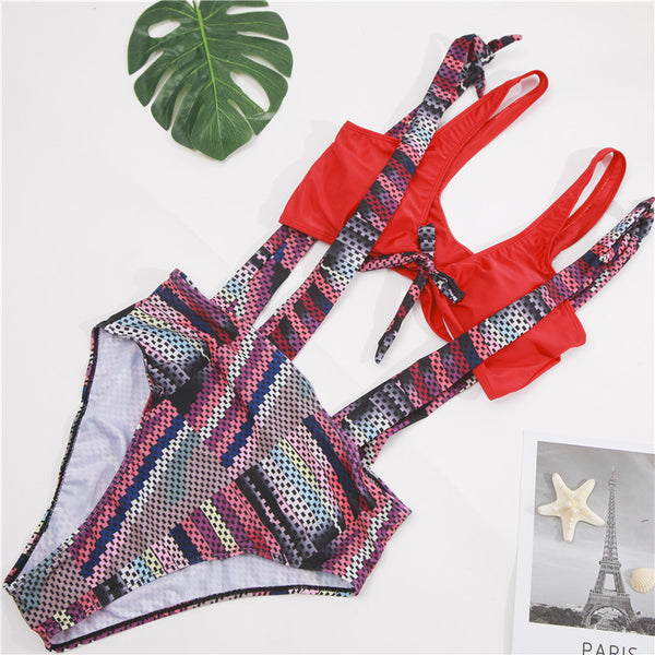 Traje de Baño Dos Piezas Estampado con Cintura Alta y Chaqueta de Playa