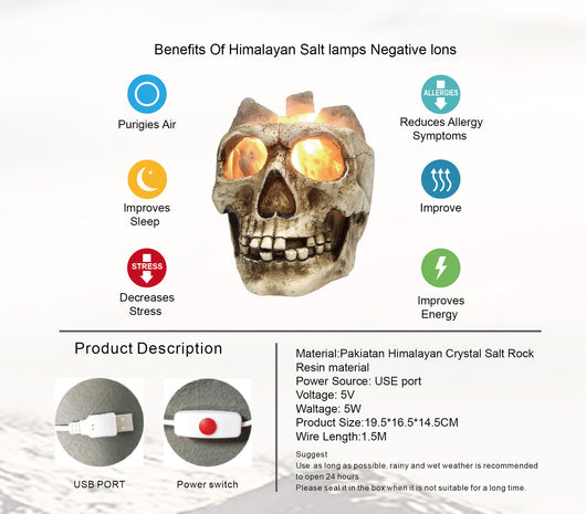 Lámpara de Sal del Himalaya Calavera USB Regulable con Luz Nocturna - Image 5