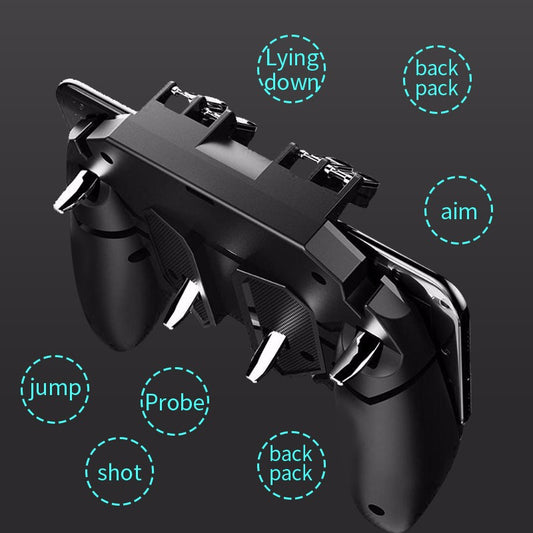 Black AK66 mobile gaming controller with four silver triggers and ergonomic grips for six-finger gameplay. - Image 2